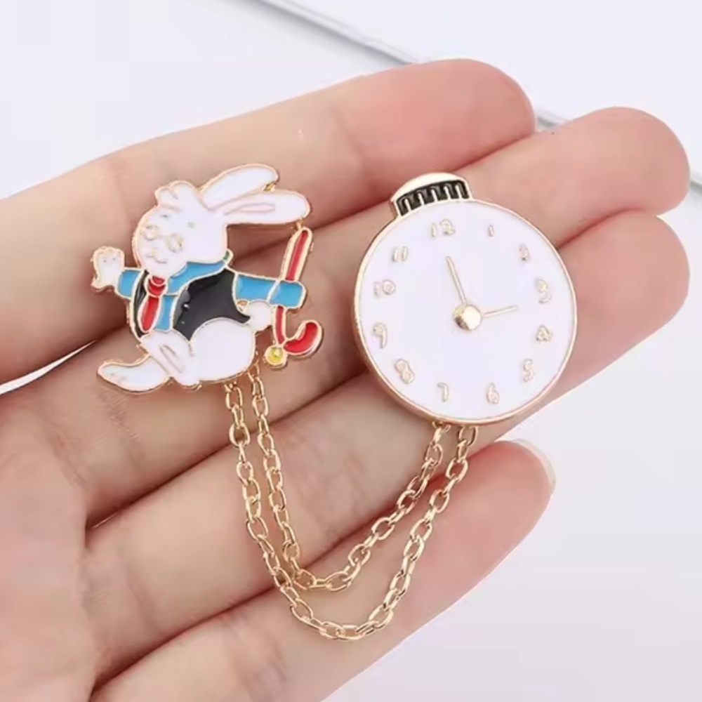 Cute Rabbit & Clock Chain Brooch – Alice in Wonderland Enamel Pin Set